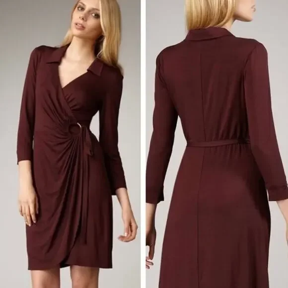 EUC Trina Turk Mahalo Burgundy Jersey Wrap Dress Size 8 Long Sleeve Knee Length - Picture 11 of 15